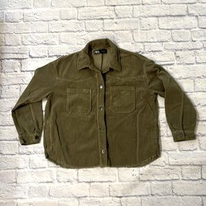 Zara Oversized Corduroy Button Down Shirt  Shacket Olive Green Size Medium